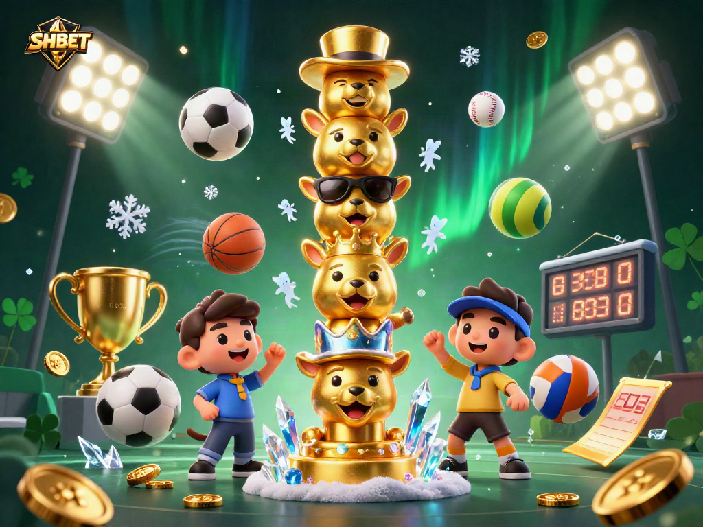 SHBET showcases a vibrant fantasy scene with 3D characters and dynamic sports betting elements.