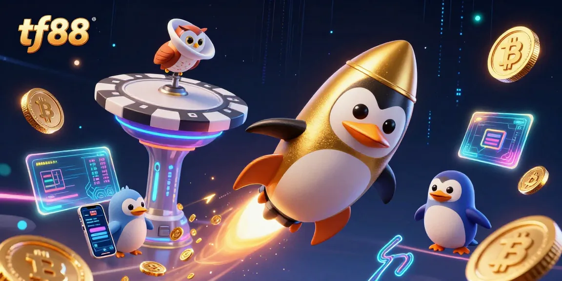 Engage with tf88's thrilling online casino experience featuring a golden penguin on an epic space adventure.