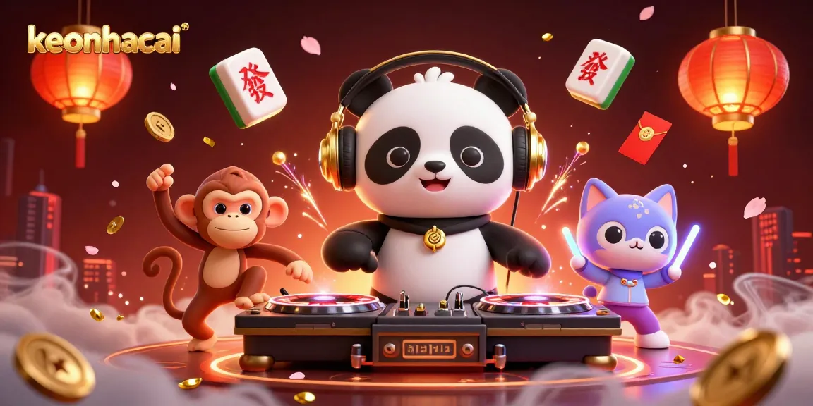 Engage with keonhacai through lively casino elements, featuring a DJ panda and vibrant imagery.