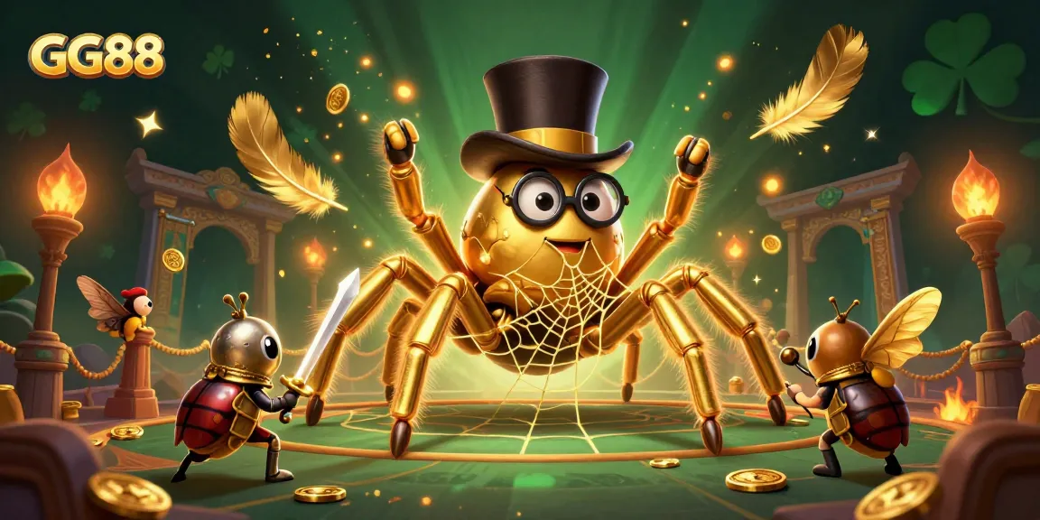 Experience thrilling GG88 casino adventures with a giant tarantula and beetle knight in a vibrant 3D illustration.