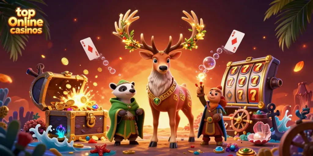Experience the magic of top online casinos with enchanting characters and vibrant casino elements.