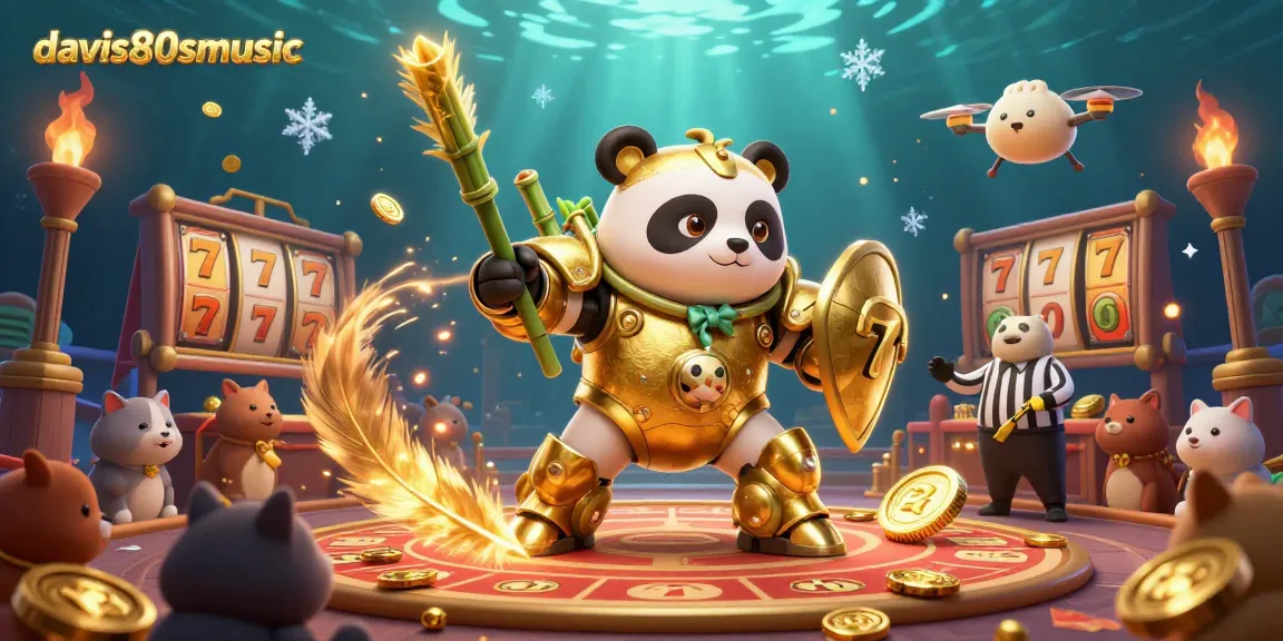 davis80smusic showcases an energetic scene of a golden panda in a mech-suit gambling arena, highlighting dynamic casino elements.