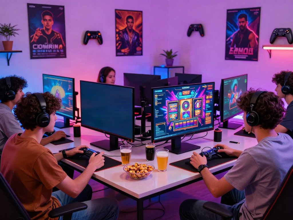 Group engaged in slot gacor gaming at home with vibrant graphics.