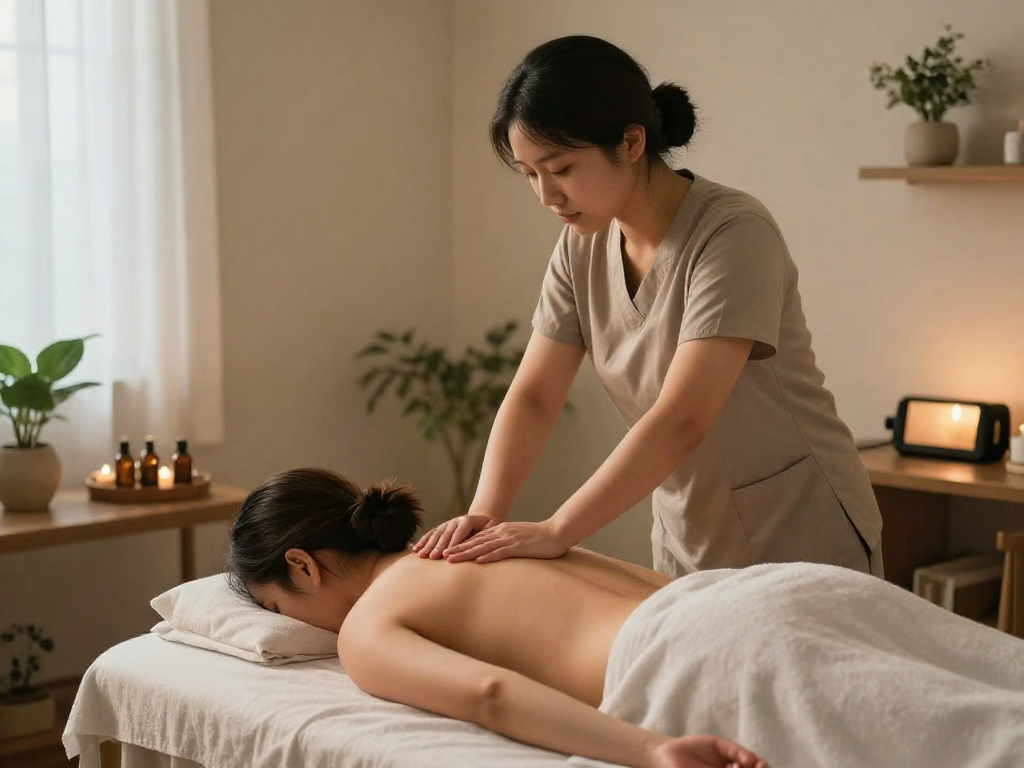 스웨디시 마사지 중인 전문가와 편안한 고객의 느낌을 보여주는 치료 환경