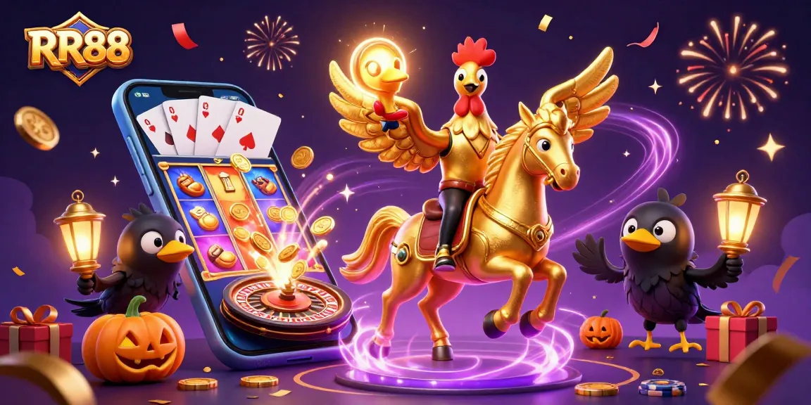 Engage with RR88's vibrant casino world featuring animated golden rooster and slot game excitement.