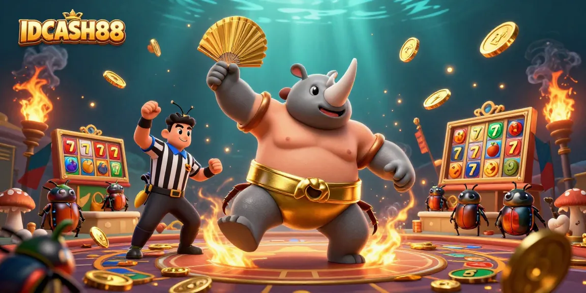 Experience IDCASH88 slots action with a sumo beetle champion amidst flying gold coins.