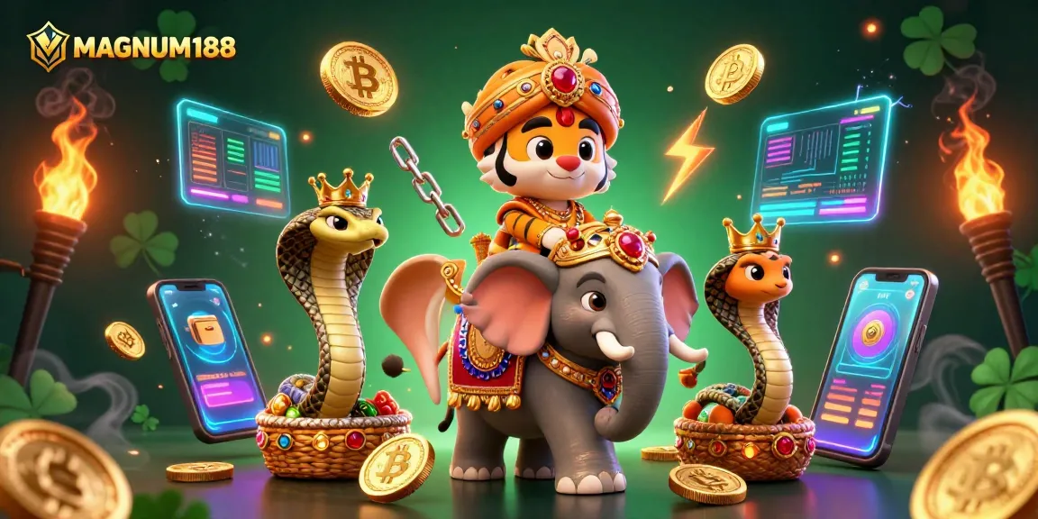 Experience MAGNUM188's thrilling slot action with vibrant 3D characters and crypto elements.
