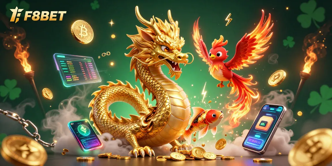 Experience the excitement of F8BET with fierce golden dragon and phoenix in a vibrant casino atmosphere.