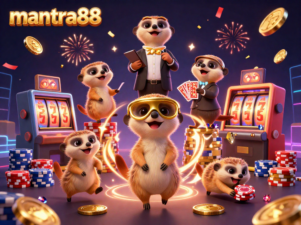Win in mantra88's vibrant casino with meerkats managing slot machines and jackpots.