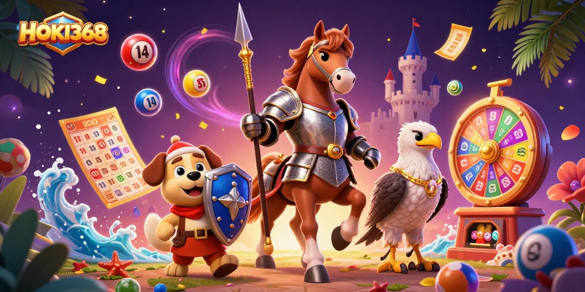 Win big with HOKI368 as knights, puppies, and a falcon celebrate in a colorful gambling scene.