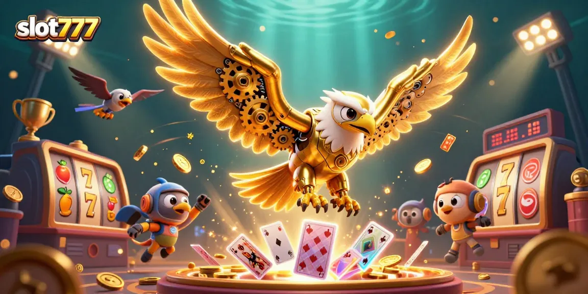 Experience the excitement of slot777 in a vivid 3D scene with golden eagle and gaming elements.
