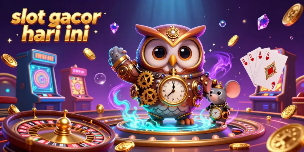 Ilustrasi 3D menarik dari waktu perjalanan burung hantu dan mouse dengan suasana kasino, menampilkan slot gacor hari ini.