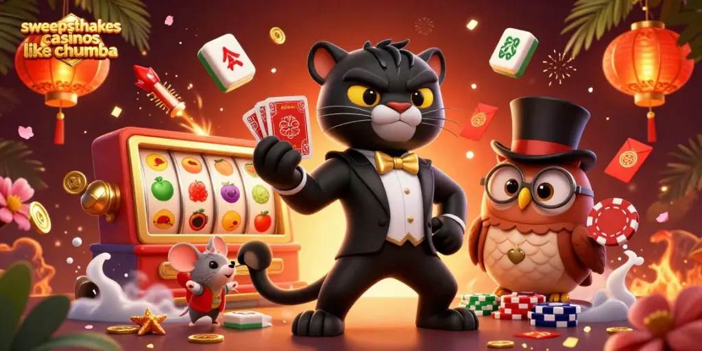 Sweeps casinos like Chumba bring excitement with a stylish panther dealing cards among rich gaming elements.