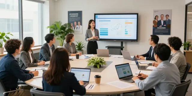 Team collaboration during corporate leadership training Connecticut in a modern workspace.