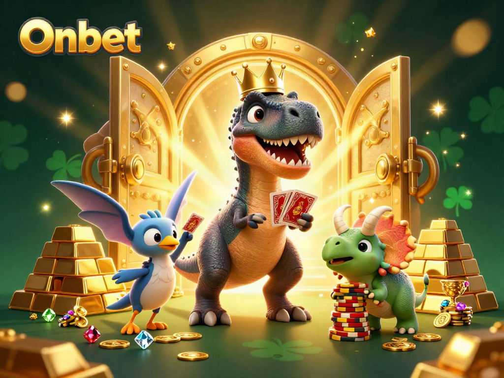 Onbet showcases a vibrant casino scene with a T-Rex shuffling cards and golden chips for thrilling gameplay.