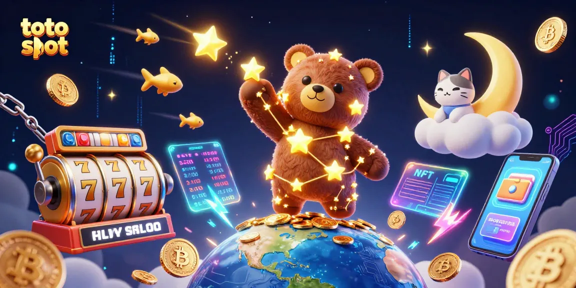 Toto slot enthusiasts enjoying vibrant 3D art featuring a constellation bear and crypto rewards.