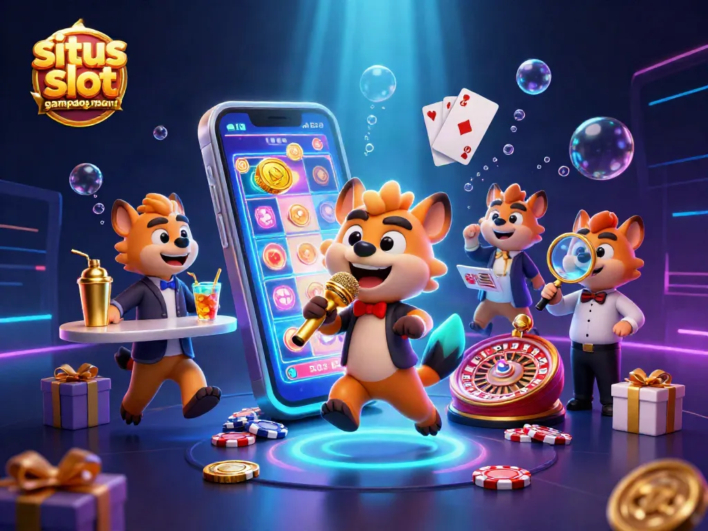 Situs slot gampang maxwin showcases hyenas running a lively casino with dynamic slot games and vibrant decorations.