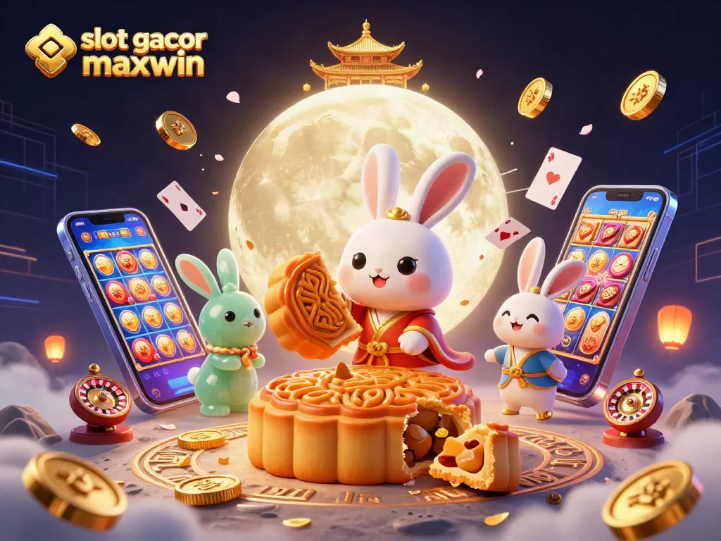 Experience the thrill of winning with slot gacor maxwin while the moon rabbit celebrates with poker chips and games.