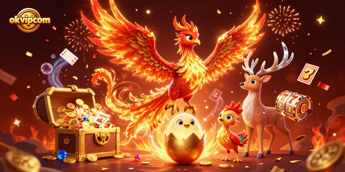 Experience winning rewards with okvipcom in a vibrant casino-themed 3D artwork featuring a fire phoenix.