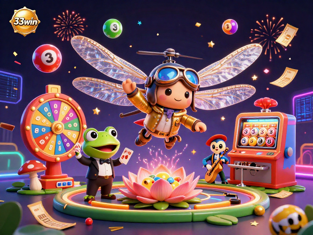 Experience thrilling gameplay at 33win with vibrant cards, colorful lottery balls, and festive casino elements.