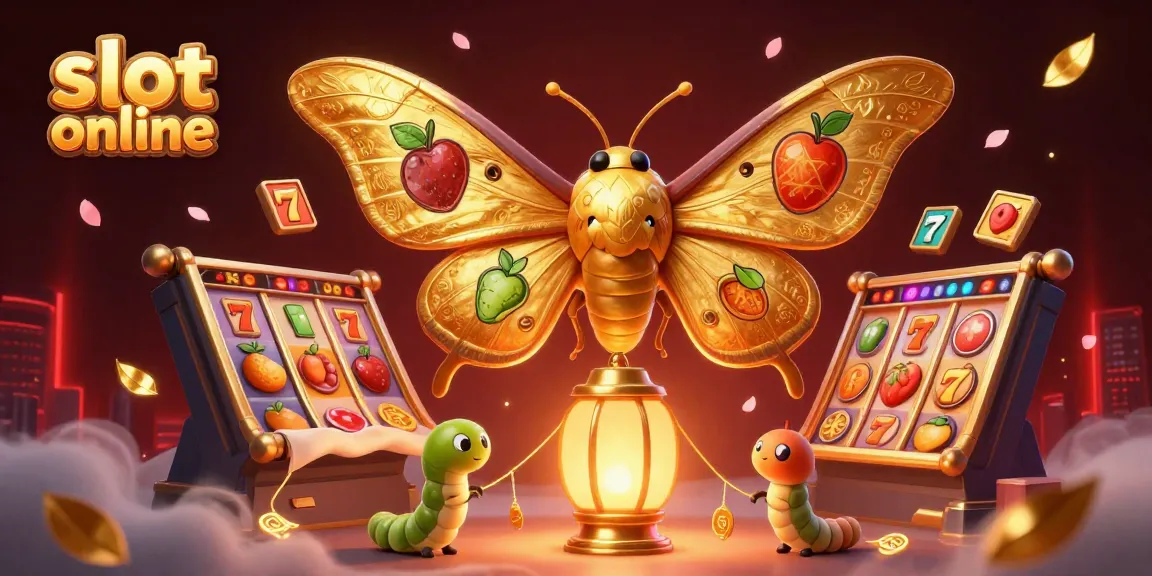 Spinning slot online reels showcased by a golden atlas moth and silk worms weaving luck in a vibrant casino scene.