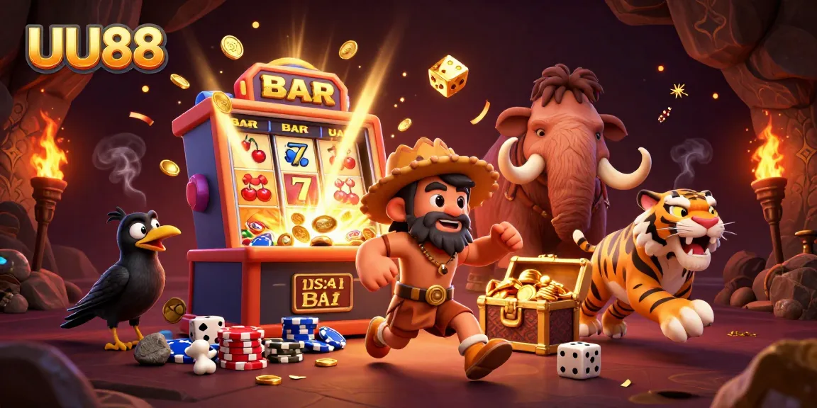 Experience the excitement of UU88 with a vibrant 3D casino scene featuring prehistoric characters and dynamic game elements.