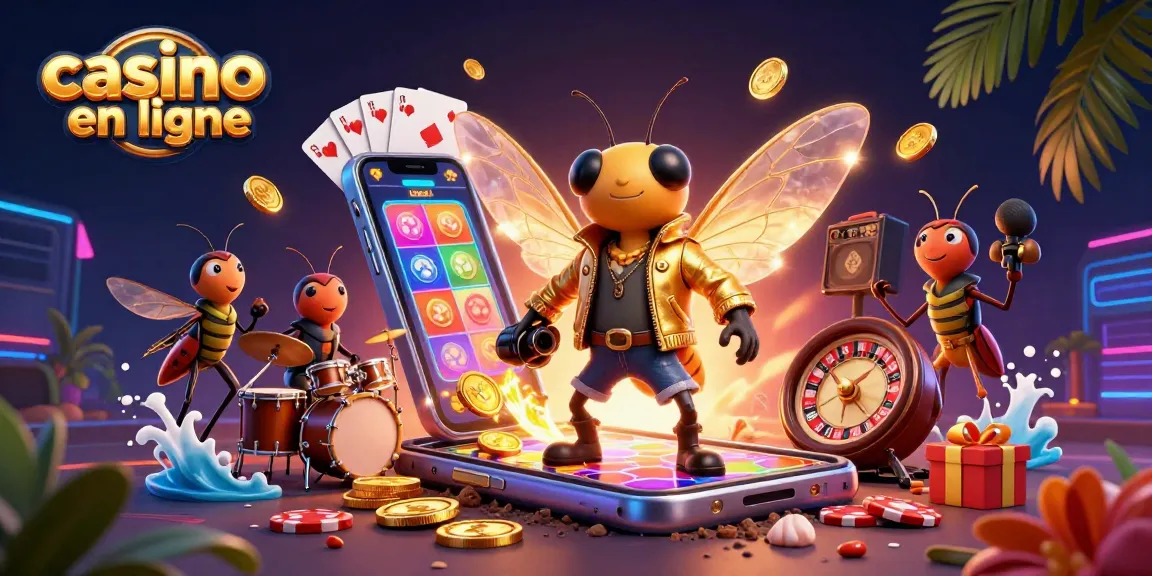 Illustration dynamique de la scène casino en ligne avec une cigale rock star et divers éléments de jeu
