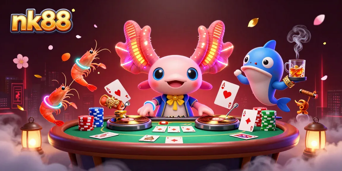 Experience the excitement of nk88 with a vibrant axolotl DJ and poker scene.