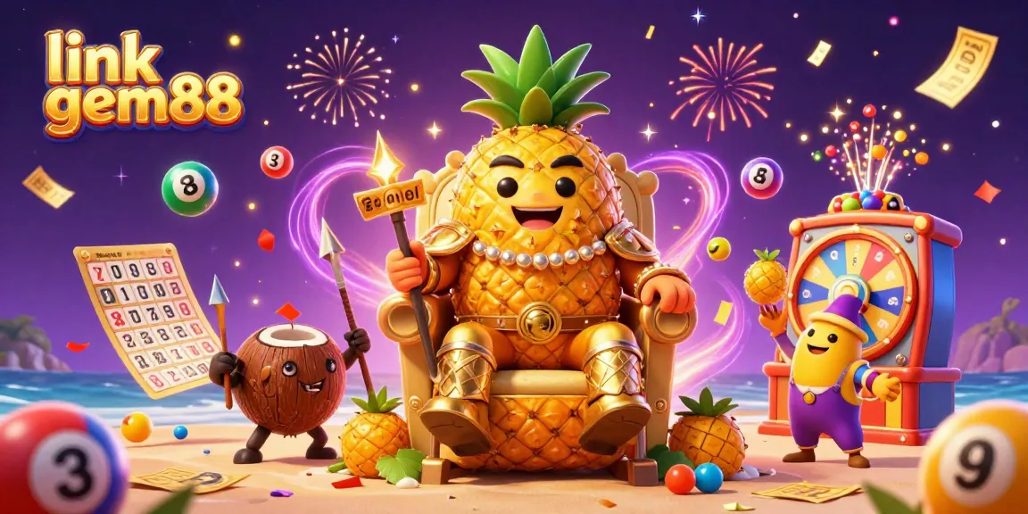Experience fun at link gem88's beach casino, featuring the golden pineapple king and vibrant game elements.