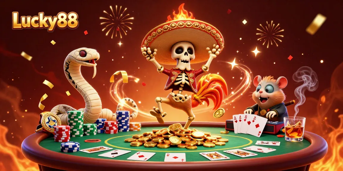 Lucky88 showcases a vibrant casino scene with a mariachi rooster and thrilling poker elements.