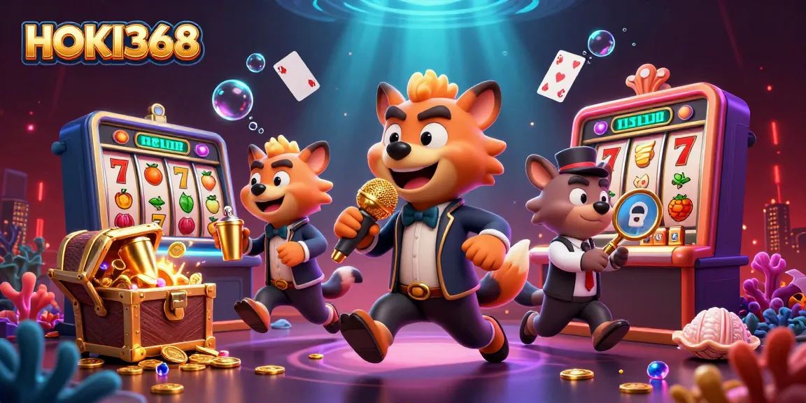 Experience the excitement of HOKI368 online gaming with vibrant hyena characters in a lively casino.