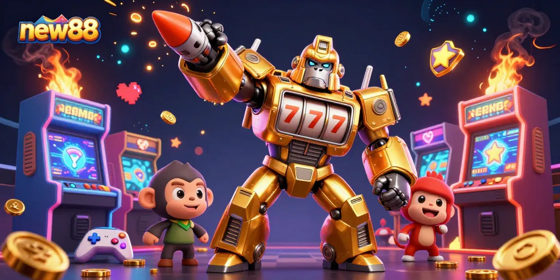 Play exciting games at new88 with a dynamic 3D illustration of a golden gorilla mech and casino-themed elements.