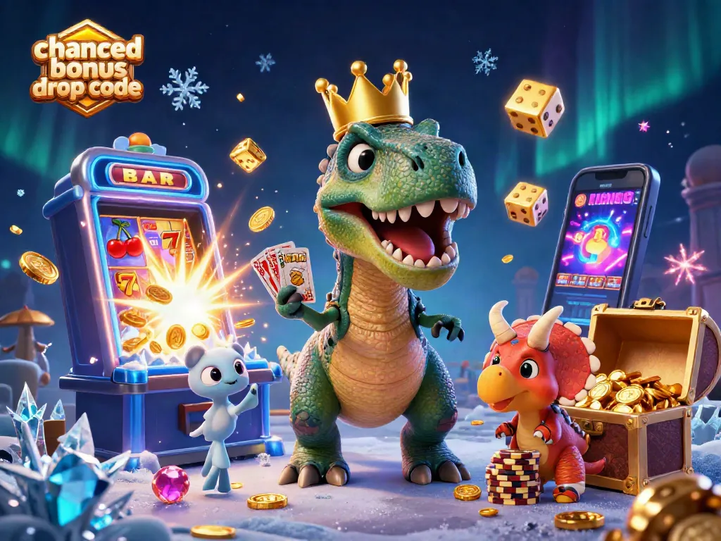 Engage in the chanced bonus drop code excitement with T-Rex and friends stacking chips and spinning slots.