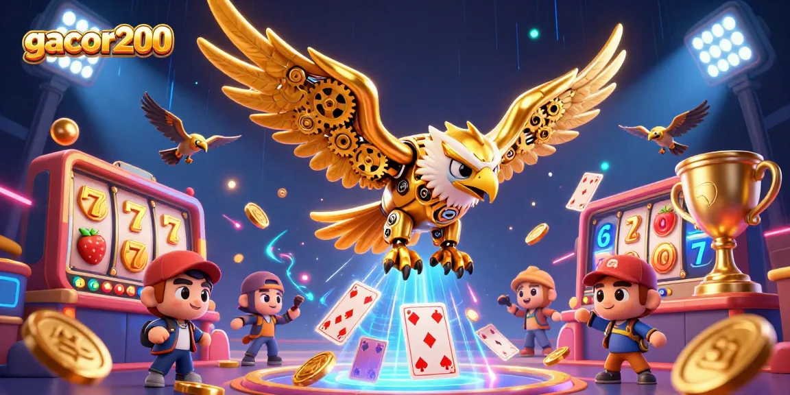 Gacor200 menyajikan ilustrasi kasino dengan elang cybernetic, simbol slot, dan efek neon.