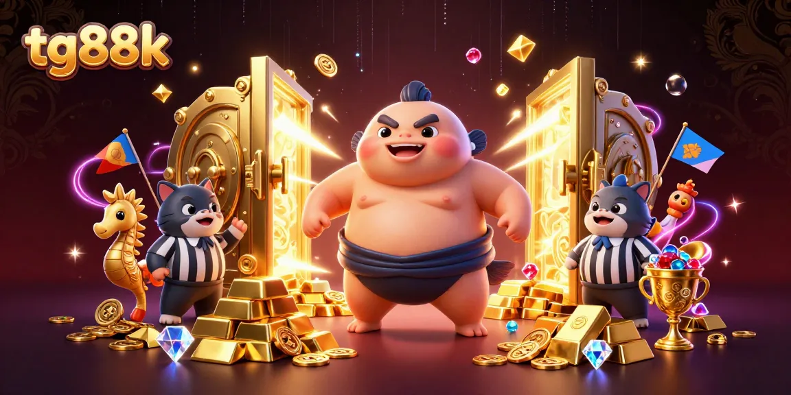 Engage with tg88k's dynamic underwater casino scene showcasing a fugu sumo wrestling while treasures burst from a vault.