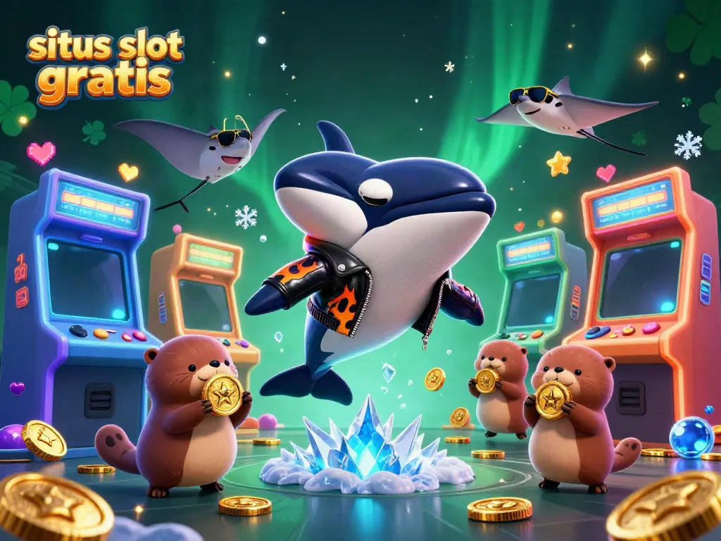 Play sites like situs slot gratis with a cinematic 3D illustration featuring a whale, stingray, and otters.