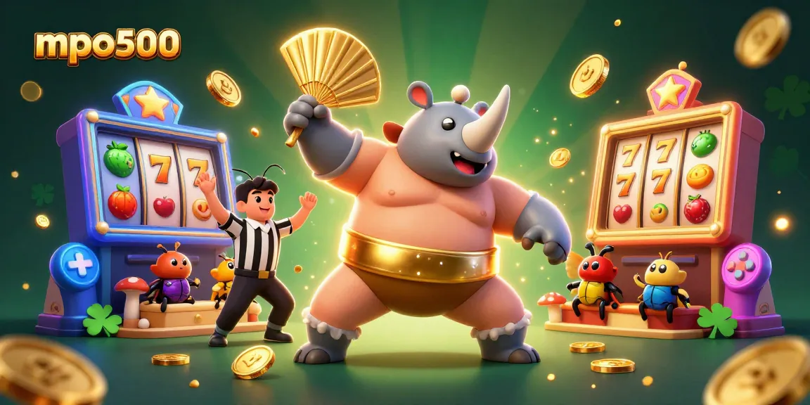 Experience exciting gameplay with mpo500 featuring a sumo beetle champion, golden coins, and vibrant slot machines.