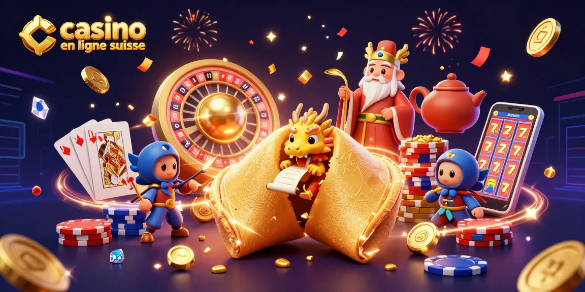 Jouer au casino en ligne suisse avec des personnages fantastiques au milieu de pièces dorées et de jetons colorés.