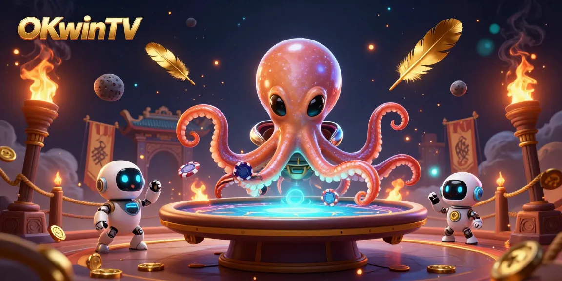 OKwinTV delivers thrilling action as a cartoon alien octopus deals poker amidst dazzling cosmic effects.