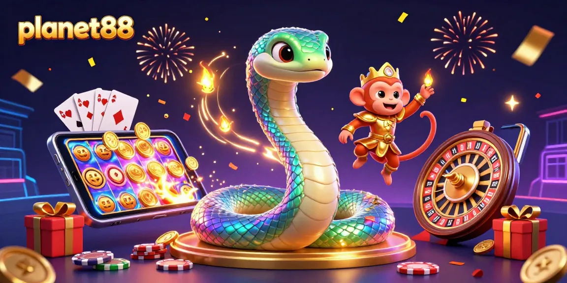 Win big with planet88's thrilling game experience, featuring vibrant serpent and monkey king.