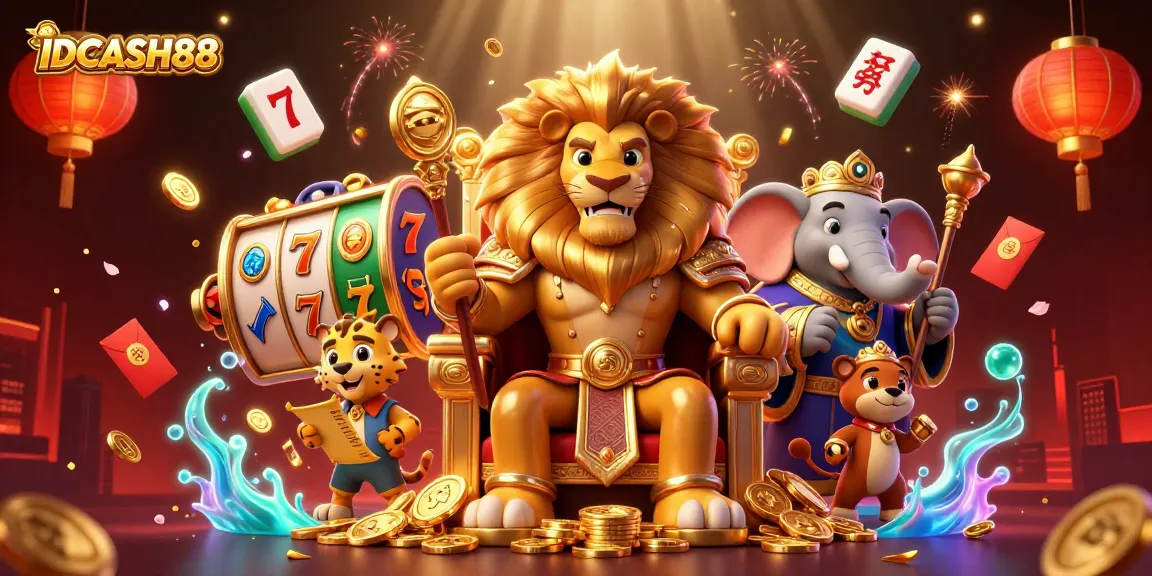 Play exciting slots with IDCASH88, featuring dynamic characters and vibrant gaming elements.