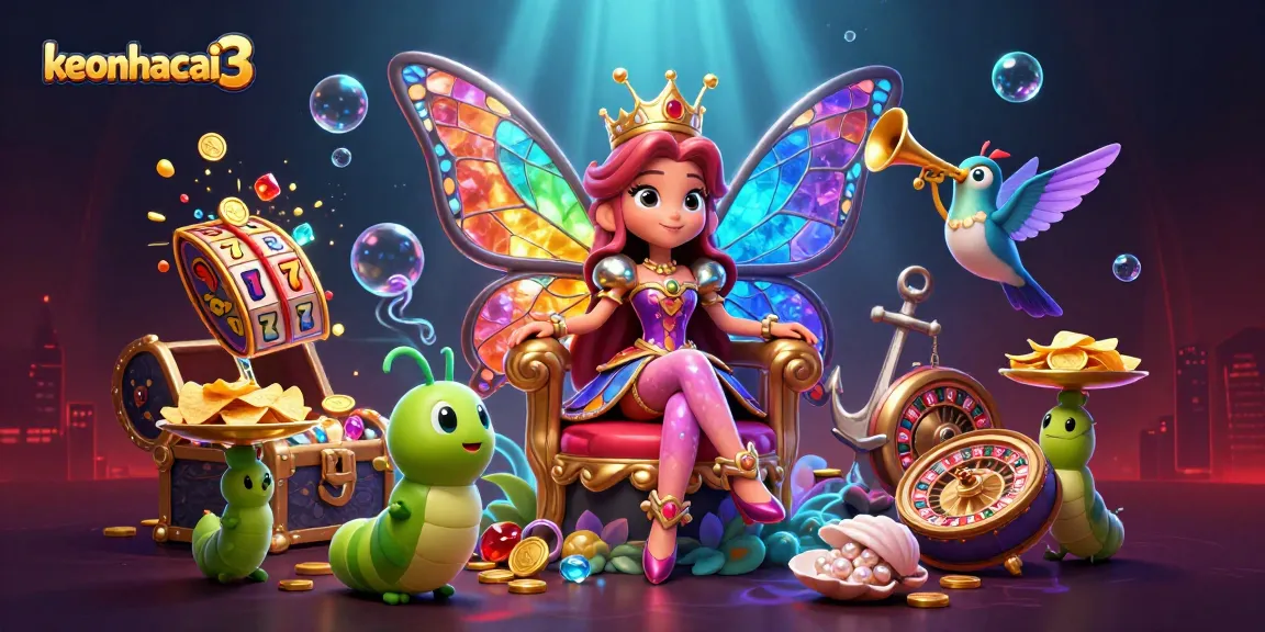 Experience the excitement of keonhacai3 with a colorful butterfly queen and rich casino elements.