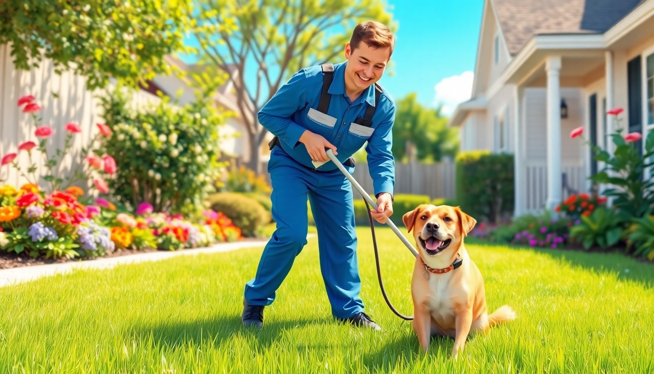 Efficient pet waste removal near me, highlighting a professional cleaning up in a sunny backyard.