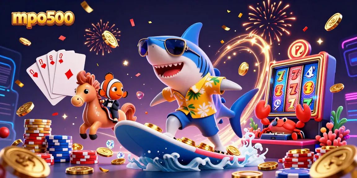 Experience the excitement of mpo500 with a vibrant 3D casino scene, featuring a shark surfing on coins and slot reels.