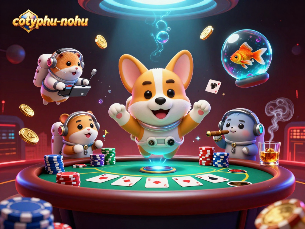 Cotyphu-nohu showcases a corgi astronaut in a casino, surrounded by poker chips and glamorous game elements.