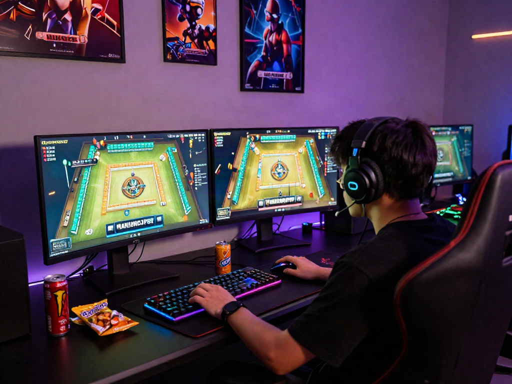 Player enjoying intense MahjongJP88 gaming experience in a vibrant setup with dual monitors and neon lights.