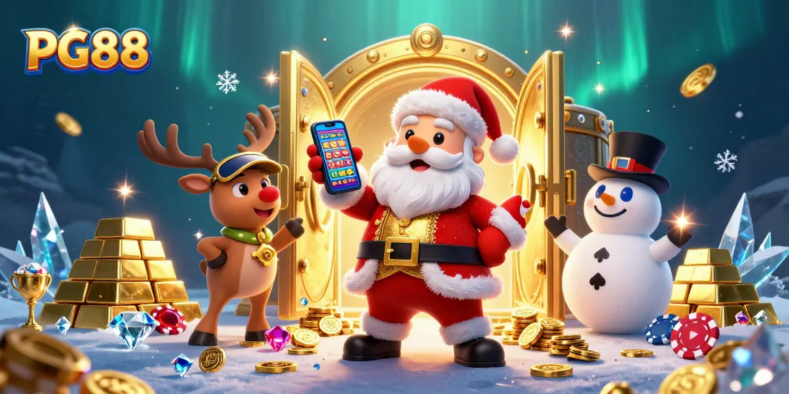Experience a festive gaming adventure at PG88 with Santa, reindeer, and snowman amidst a treasure trove in a dazzling casino.