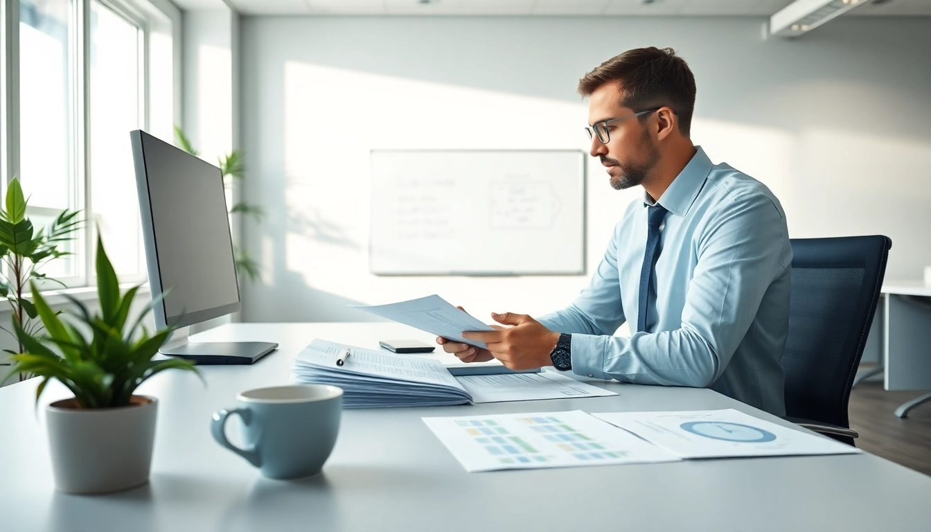 Consultant examining pre-post award compliance documents in a professional office.