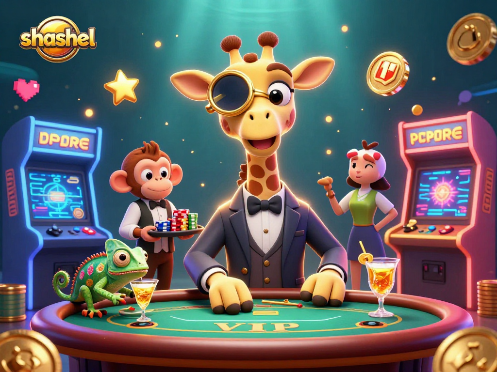Experience high-stakes fun with shashel featuring a giraffe, monkey, and chameleon in a vibrant casino setting.