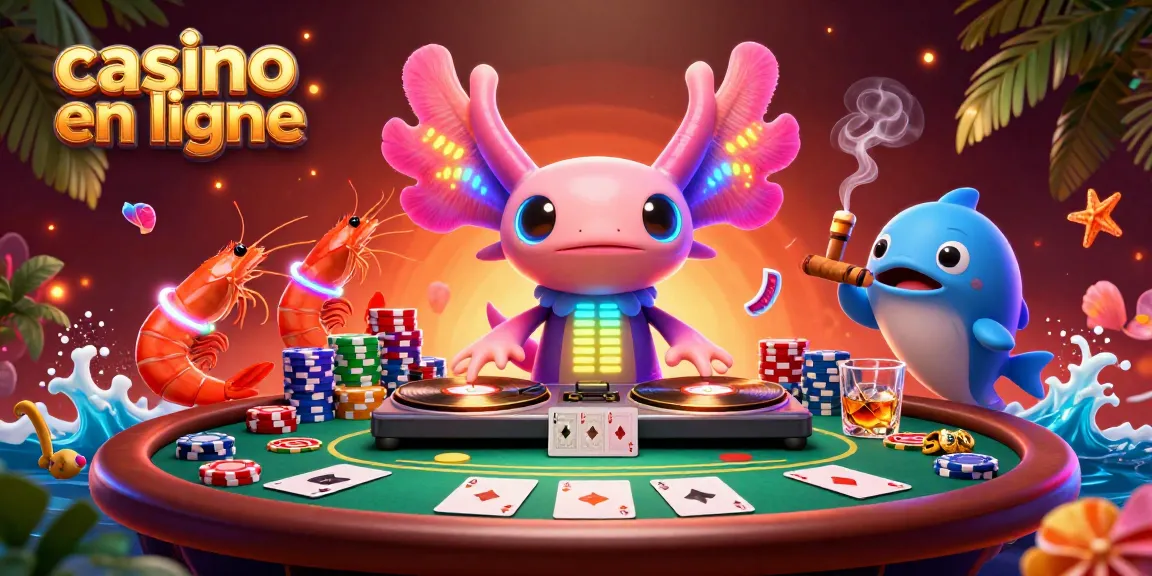 Une illustration 3D d'un DJ axolotl néon dans un casino en ligne, entouré de créatures marines dansantes.